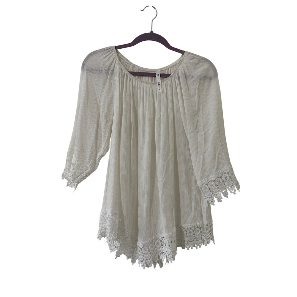 NY Collection White Peasant Top Crochet Lace Trim Boho Womans L Peasant‎ Office